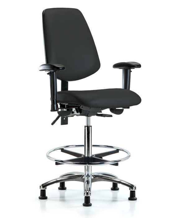 Blue Ridge Ergonomics VHBCH-MB-CR-T0-A1-CF-RG-8540 Rutledge Vinyl Chair Chrome - High Bench Height with Medium Back, Adjustable Arms, Chrome Foot Ring, & Stationary Glides in Black Trailblazer™ Vinyl
