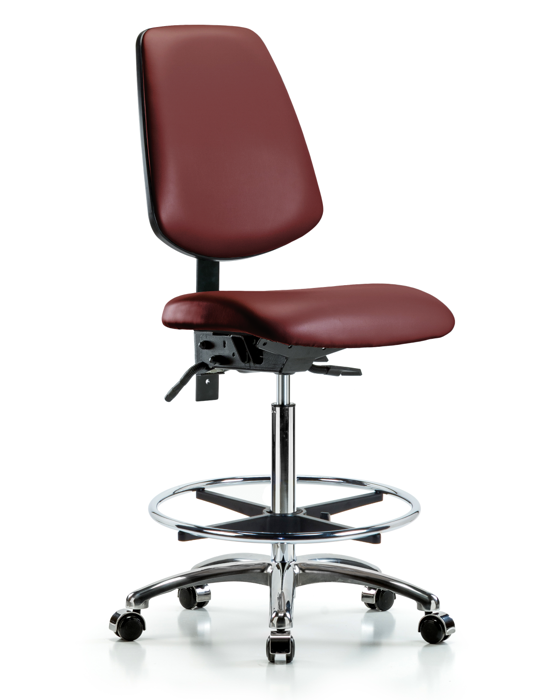Blue Ridge Ergonomics VHBCH-MB-CR-T1-A0-CF-CC-8815 Rutledge Vinyl Chair Chrome - High Bench Height with Medium Back, Seat Tilt, Chrome Foot Ring, & Casters in Borscht Supernova™ Vinyl
