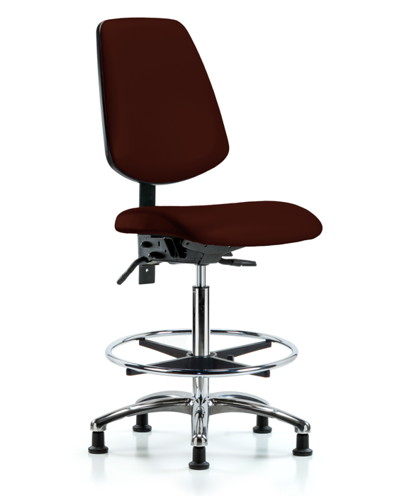 Blue Ridge Ergonomics VHBCH-MB-CR-T1-A0-CF-RG-8569 Rutledge Vinyl Chair Chrome - High Bench Height with Medium Back, Seat Tilt, Chrome Foot Ring, & Stationary Glides in Burgundy Trailblazer™ Vinyl