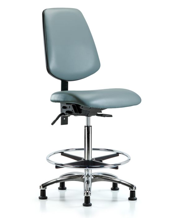 Blue Ridge Ergonomics VHBCH-MB-CR-T1-A0-CF-RG-8822 Rutledge Vinyl Chair Chrome - High Bench Height with Medium Back, Seat Tilt, Chrome Foot Ring, & Stationary Glides in Storm Supernova™ Vinyl