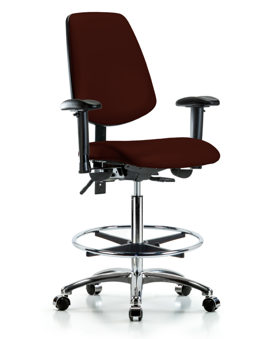 Blue Ridge Ergonomics VHBCH-MB-CR-T1-A1-CF-CC-8569 Rutledge Vinyl Chair Chrome - High Bench Height with Medium Back, Seat Tilt, Adjustable Arms, Chrome Foot Ring, & Casters in Burgundy Trailblazer™ Vinyl
