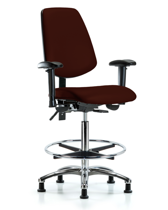 Blue Ridge Ergonomics VHBCH-MB-CR-T1-A1-CF-RG-8569 Rutledge Vinyl Chair Chrome - High Bench Height with Medium Back, Seat Tilt, Adjustable Arms, Chrome Foot Ring, & Stationary Glides in Burgundy Trailblazer™ Vinyl