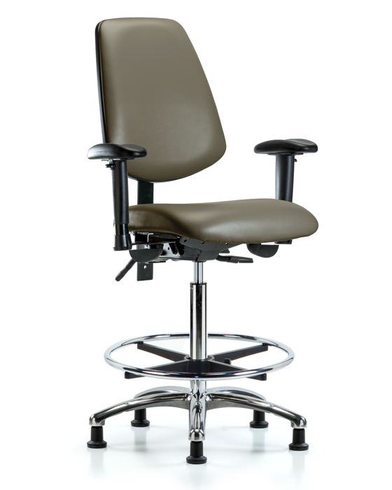 Blue Ridge Ergonomics VHBCH-MB-CR-T1-A1-CF-RG-8809 Rutledge Vinyl Chair Chrome - High Bench Height with Medium Back, Seat Tilt, Adjustable Arms, Chrome Foot Ring, & Stationary Glides in Taupe Supernova™ Vinyl