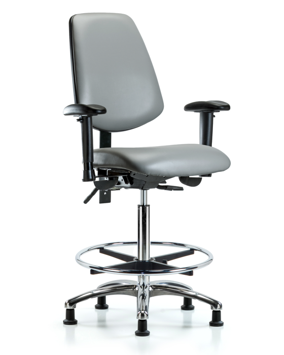 Blue Ridge Ergonomics VHBCH-MB-CR-T1-A1-CF-RG-8840 Rutledge Vinyl Chair Chrome - High Bench Height with Medium Back, Seat Tilt, Adjustable Arms, Chrome Foot Ring, & Stationary Glides in Sterling Supernova™ Vinyl