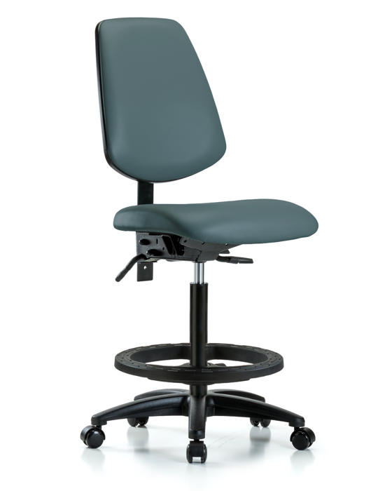 Blue Ridge Ergonomics VHBCH-MB-RG-T0-A0-BF-RC-8546 Rutledge Vinyl Chair - High Bench Height with Medium Back, Black Foot Ring, & Casters in Colonial Blue Trailblazer™ Vinyl