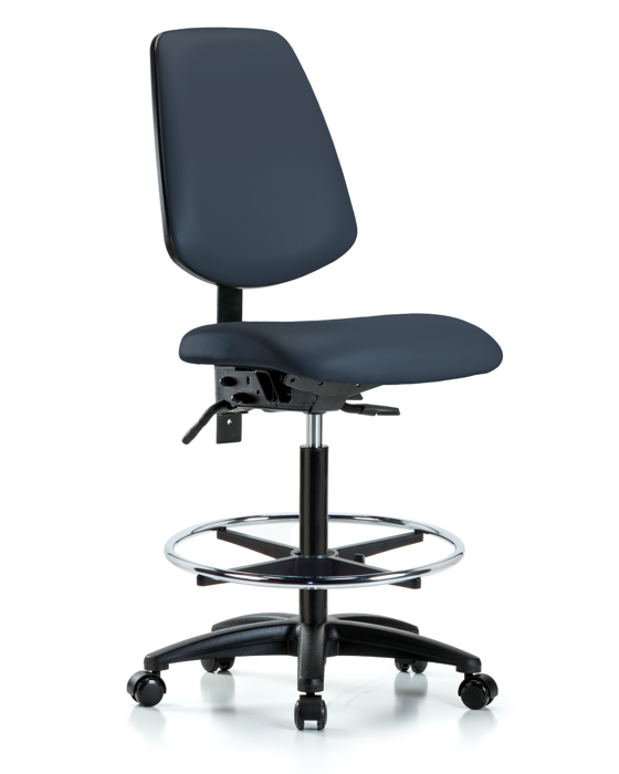 Blue Ridge Ergonomics VHBCH-MB-RG-T0-A0-CF-RC-8582 Rutledge Vinyl Chair - High Bench Height with Medium Back, Chrome Foot Ring, & Casters in Imperial Blue Trailblazer™ Vinyl