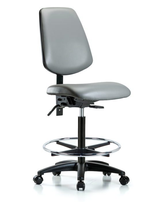 Blue Ridge Ergonomics VHBCH-MB-RG-T0-A0-CF-RC-8840 Rutledge Vinyl Chair - High Bench Height with Medium Back, Chrome Foot Ring, & Casters in Sterling Supernova™ Vinyl