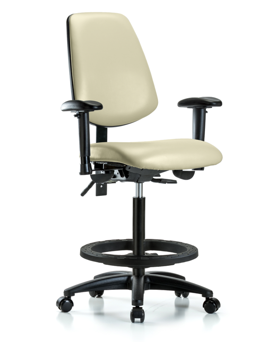 Blue Ridge Ergonomics VHBCH-MB-RG-T0-A1-BF-RC-8501 Rutledge Vinyl Chair - High Bench Height with Medium Back, Adjustable Arms, Black Foot Ring, & Casters in Adobe White Trailblazer™ Vinyl