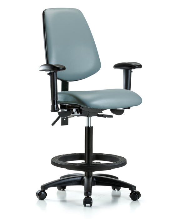 Blue Ridge Ergonomics VHBCH-MB-RG-T0-A1-BF-RC-8822 Rutledge Vinyl Chair - High Bench Height with Medium Back, Adjustable Arms, Black Foot Ring, & Casters in Storm Supernova™ Vinyl