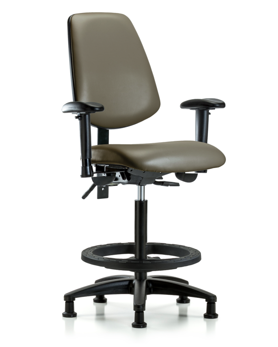 Blue Ridge Ergonomics VHBCH-MB-RG-T0-A1-BF-RG-8809 Rutledge Vinyl Chair - High Bench Height with Medium Back, Adjustable Arms, Black Foot Ring, & Stationary Glides in Taupe Supernova™ Vinyl