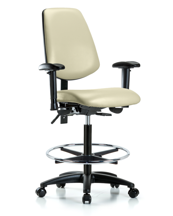 Blue Ridge Ergonomics VHBCH-MB-RG-T0-A1-CF-RC-8501 Rutledge Vinyl Chair - High Bench Height with Medium Back, Adjustable Arms, Chrome Foot Ring, & Casters in Adobe White Trailblazer™ Vinyl