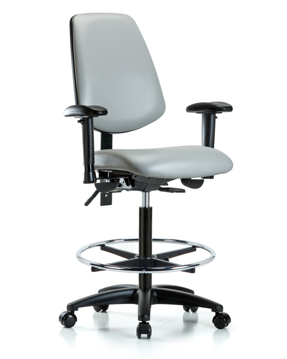 Blue Ridge Ergonomics VHBCH-MB-RG-T0-A1-CF-RC-8567 Rutledge Vinyl Chair - High Bench Height with Medium Back, Adjustable Arms, Chrome Foot Ring, & Casters in Dove Trailblazer™ Vinyl