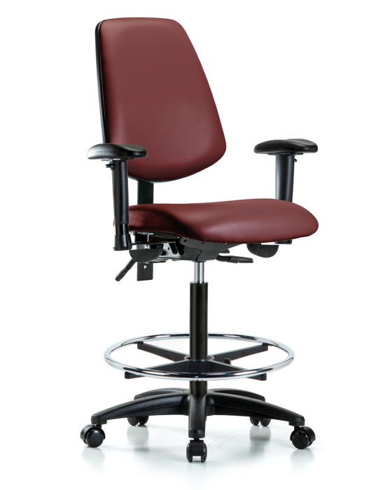 Blue Ridge Ergonomics VHBCH-MB-RG-T0-A1-CF-RC-8815 Rutledge Vinyl Chair - High Bench Height with Medium Back, Adjustable Arms, Chrome Foot Ring, & Casters in Borscht Supernova™ Vinyl