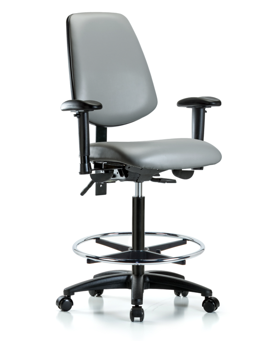 Blue Ridge Ergonomics VHBCH-MB-RG-T0-A1-CF-RC-8840 Rutledge Vinyl Chair - High Bench Height with Medium Back, Adjustable Arms, Chrome Foot Ring, & Casters in Sterling Supernova™ Vinyl
