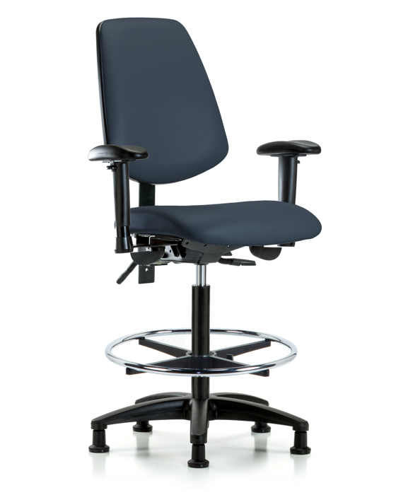 Blue Ridge Ergonomics VHBCH-MB-RG-T0-A1-CF-RG-8582 Rutledge Vinyl Chair - High Bench Height with Medium Back, Adjustable Arms, Chrome Foot Ring, & Stationary Glides in Imperial Blue Trailblazer™ Vinyl