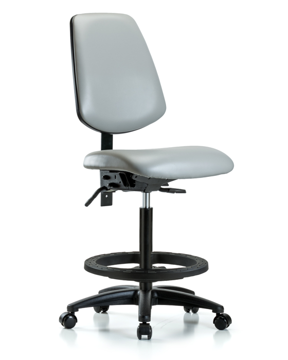 Blue Ridge Ergonomics VHBCH-MB-RG-T1-A0-BF-RC-8567 Rutledge Vinyl Chair - High Bench Height with Medium Back, Seat Tilt, Black Foot Ring, & Casters in Dove Trailblazer™ Vinyl