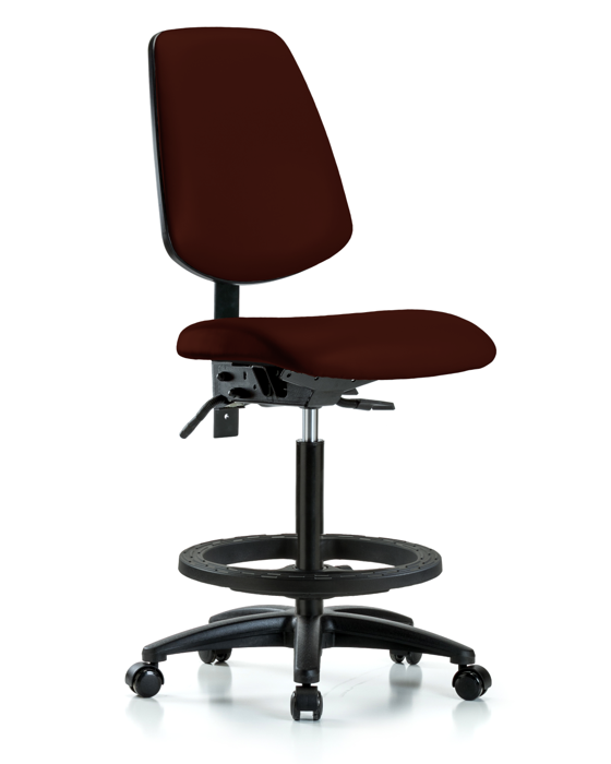 Blue Ridge Ergonomics VHBCH-MB-RG-T1-A0-BF-RC-8569 Rutledge Vinyl Chair - High Bench Height with Medium Back, Seat Tilt, Black Foot Ring, & Casters in Burgundy Trailblazer™ Vinyl