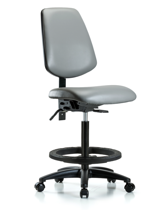 Blue Ridge Ergonomics VHBCH-MB-RG-T1-A0-BF-RC-8840 Rutledge Vinyl Chair - High Bench Height with Medium Back, Seat Tilt, Black Foot Ring, & Casters in Sterling Supernova™ Vinyl
