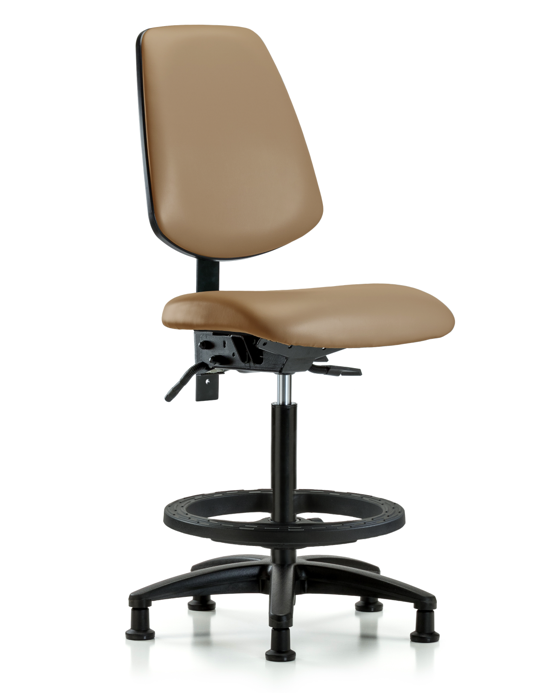 Blue Ridge Ergonomics VHBCH-MB-RG-T1-A0-BF-RG-8584 Rutledge Vinyl Chair - High Bench Height with Medium Back, Seat Tilt, Black Foot Ring, & Stationary Glides in Taupe Trailblazer™ Vinyl