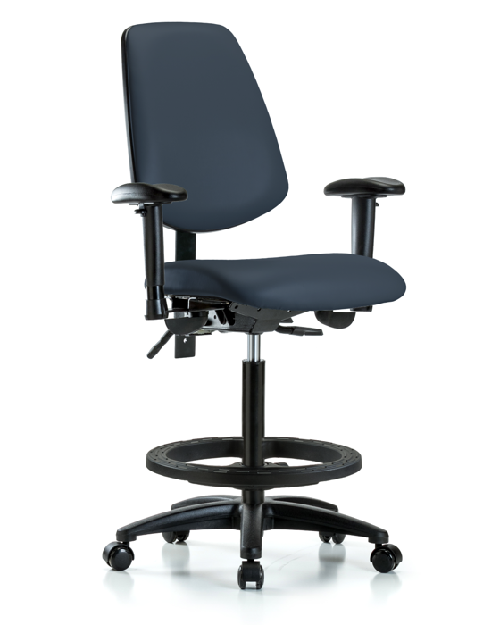 Blue Ridge Ergonomics VHBCH-MB-RG-T1-A1-BF-RC-8582 Rutledge Vinyl Chair - High Bench Height with Medium Back, Seat Tilt, Adjustable Arms, Black Foot Ring, & Casters in Imperial Blue Trailblazer™ Vinyl