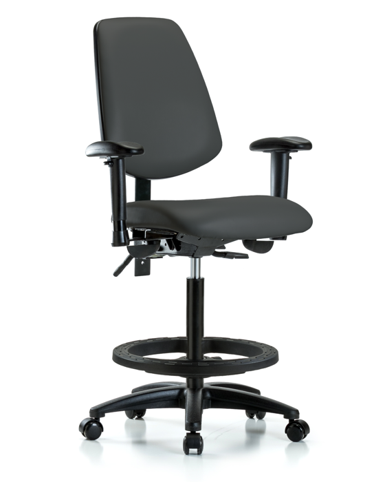 Blue Ridge Ergonomics VHBCH-MB-RG-T1-A1-BF-RC-8605 Rutledge Vinyl Chair - High Bench Height with Medium Back, Seat Tilt, Adjustable Arms, Black Foot Ring, & Casters in Charcoal Trailblazer™ Vinyl