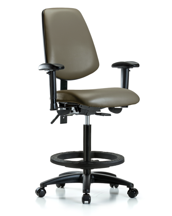 Blue Ridge Ergonomics VHBCH-MB-RG-T1-A1-BF-RC-8809 Rutledge Vinyl Chair - High Bench Height with Medium Back, Seat Tilt, Adjustable Arms, Black Foot Ring, & Casters in Taupe Supernova™ Vinyl