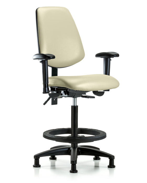Blue Ridge Ergonomics VHBCH-MB-RG-T1-A1-BF-RG-8501 Rutledge Vinyl Chair - High Bench Height with Medium Back, Seat Tilt, Adjustable Arms, Black Foot Ring, & Stationary Glides in Adobe White Trailblazer™ Vinyl