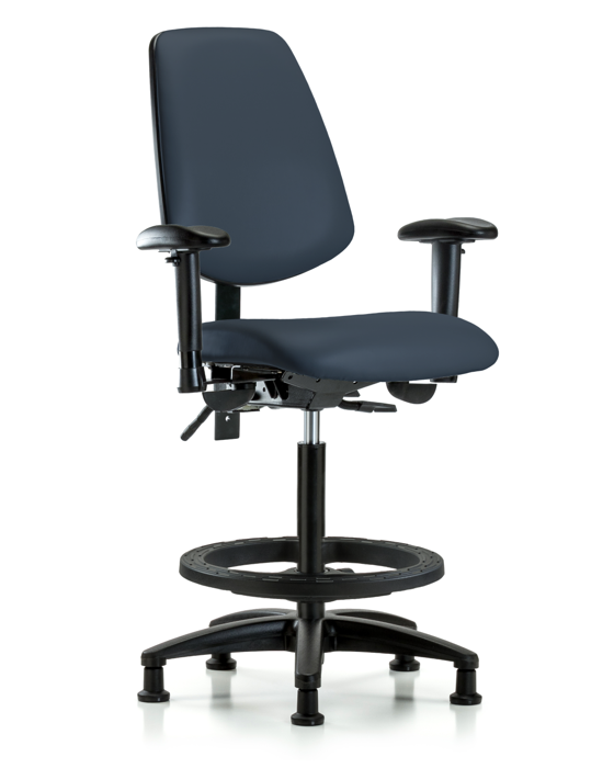 Blue Ridge Ergonomics VHBCH-MB-RG-T1-A1-BF-RG-8582 Rutledge Vinyl Chair - High Bench Height with Medium Back, Seat Tilt, Adjustable Arms, Black Foot Ring, & Stationary Glides in Imperial Blue Trailblazer™ Vinyl