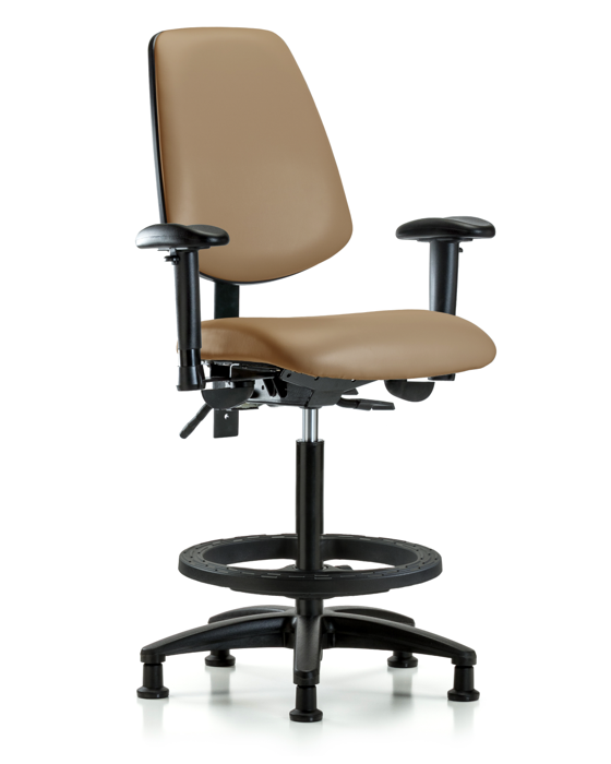 Blue Ridge Ergonomics VHBCH-MB-RG-T1-A1-BF-RG-8584 Rutledge Vinyl Chair - High Bench Height with Medium Back, Seat Tilt, Adjustable Arms, Black Foot Ring, & Stationary Glides in Taupe Trailblazer™ Vinyl