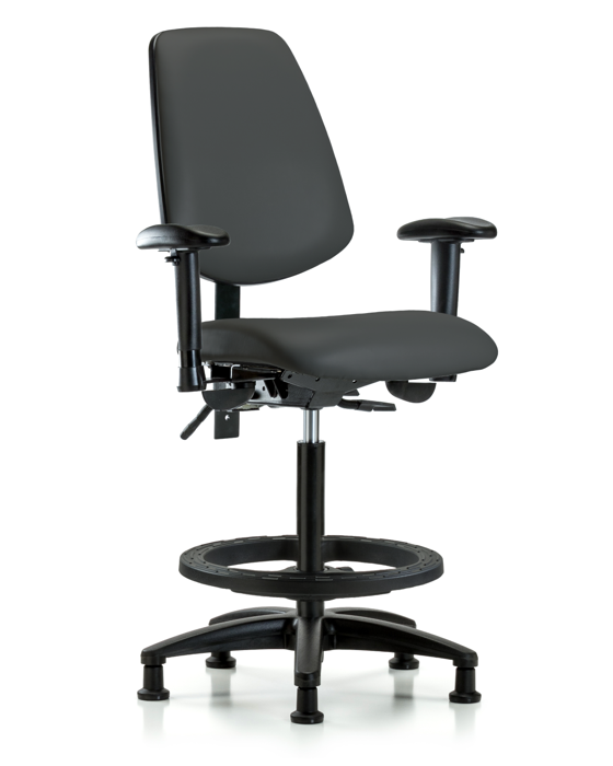 Blue Ridge Ergonomics VHBCH-MB-RG-T1-A1-BF-RG-8605 Rutledge Vinyl Chair - High Bench Height with Medium Back, Seat Tilt, Adjustable Arms, Black Foot Ring, & Stationary Glides in Charcoal Trailblazer™ Vinyl