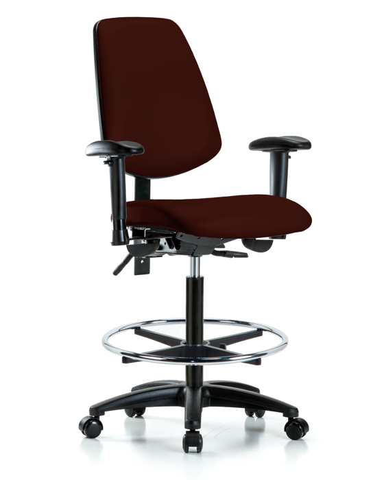 Blue Ridge Ergonomics VHBCH-MB-RG-T1-A1-CF-RC-8569 Rutledge Vinyl Chair - High Bench Height with Medium Back, Seat Tilt, Adjustable Arms, Chrome Foot Ring, & Casters in Burgundy Trailblazer™ Vinyl