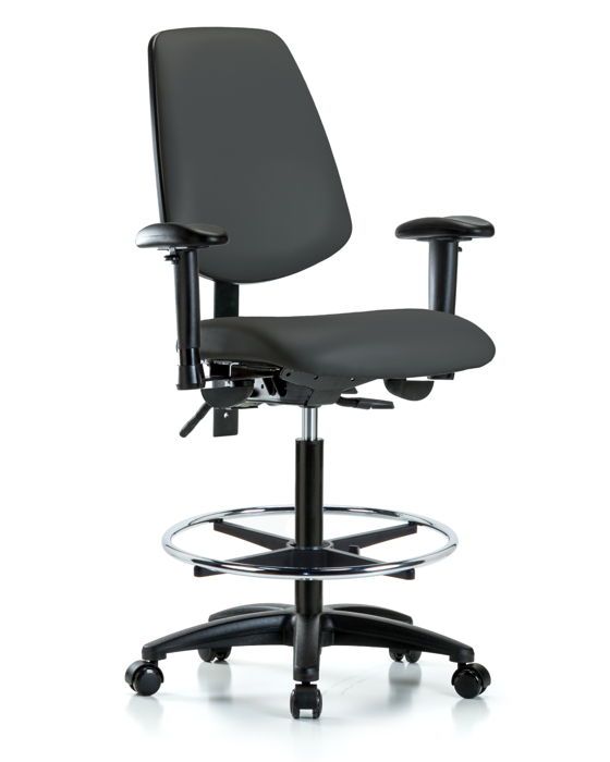 Blue Ridge Ergonomics VHBCH-MB-RG-T1-A1-CF-RC-8605 Rutledge Vinyl Chair - High Bench Height with Medium Back, Seat Tilt, Adjustable Arms, Chrome Foot Ring, & Casters in Charcoal Trailblazer™ Vinyl