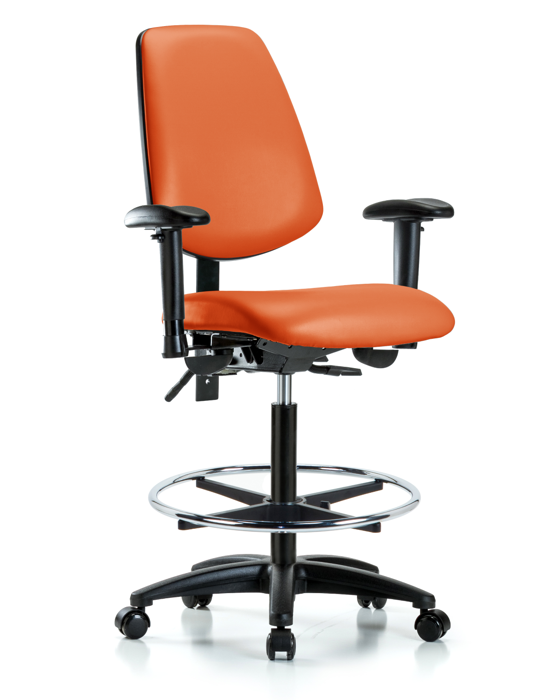 Blue Ridge Ergonomics VHBCH-MB-RG-T1-A1-CF-RC-8613 Rutledge Vinyl Chair - High Bench Height with Medium Back, Seat Tilt, Adjustable Arms, Chrome Foot Ring, & Casters in Orange Kist Trailblazer™ Vinyl