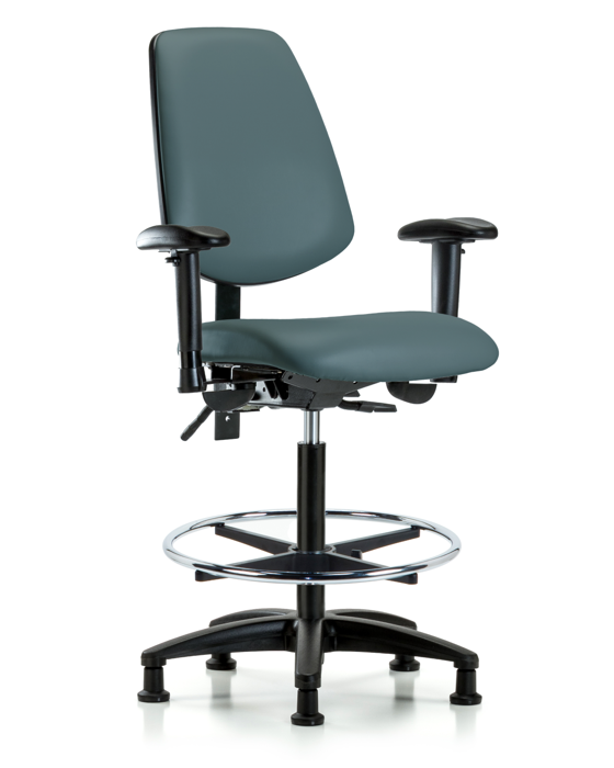 Blue Ridge Ergonomics VHBCH-MB-RG-T1-A1-CF-RG-8546 Rutledge Vinyl Chair - High Bench Height with Medium Back, Seat Tilt, Adjustable Arms, Chrome Foot Ring, & Stationary Glides in Colonial Blue Trailblazer™ Vinyl