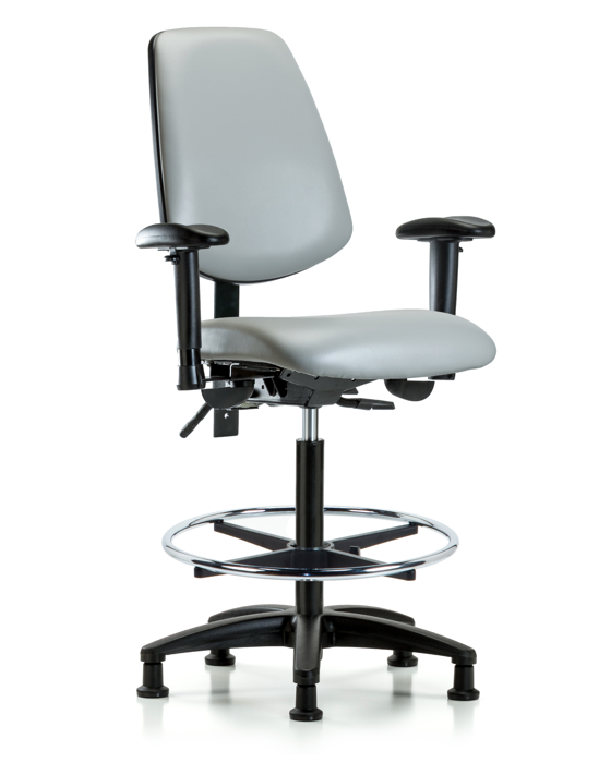 Blue Ridge Ergonomics VHBCH-MB-RG-T1-A1-CF-RG-8567 Rutledge Vinyl Chair - High Bench Height with Medium Back, Seat Tilt, Adjustable Arms, Chrome Foot Ring, & Stationary Glides in Dove Trailblazer™ Vinyl