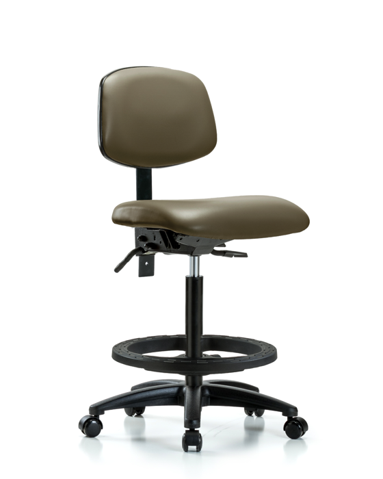 Blue Ridge Ergonomics VHBCH-RG-T0-A0-BF-RC-8809 Rutledge Vinyl Chair - High Bench Height with Black Foot Ring & Casters in Taupe Supernova™ Vinyl
