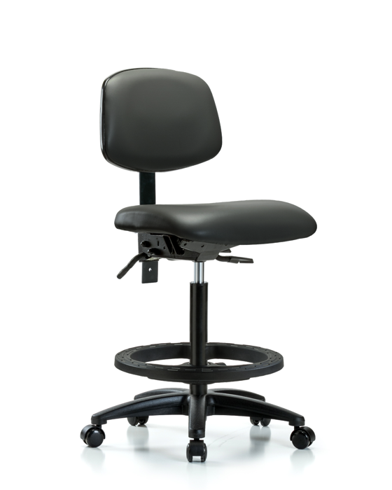 Blue Ridge Ergonomics VHBCH-RG-T0-A0-BF-RC-8823 Rutledge Vinyl Chair - High Bench Height with Black Foot Ring & Casters in Carbon Supernova™ Vinyl