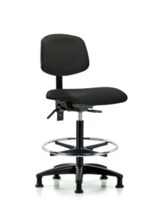 Blue Ridge Ergonomics VHBCH-RG-T0-A0-CF-RG-8540 Rutledge Vinyl Chair - High Bench Height with Chrome Foot Ring & Stationary Glides in Black Trailblazer™ Vinyl