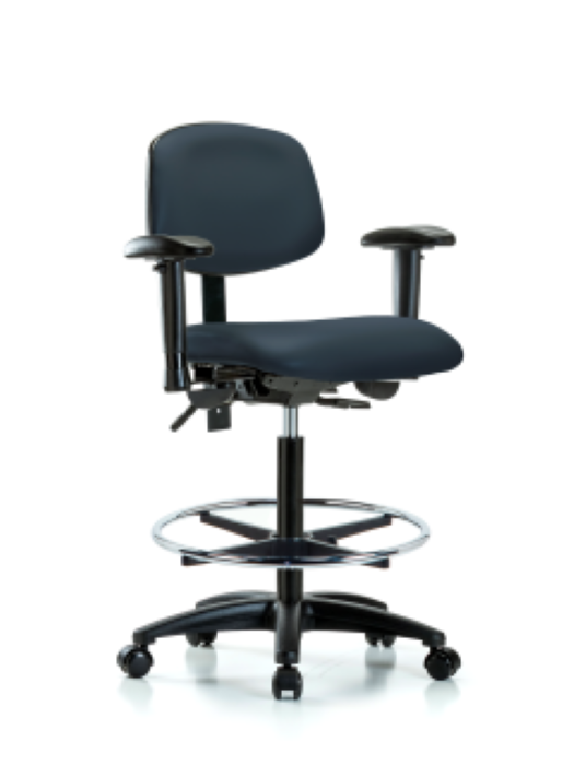 Blue Ridge Ergonomics VHBCH-RG-T0-A0-CF-RG-8582 Rutledge Vinyl Chair - High Bench Height with Chrome Foot Ring & Stationary Glides in Imperial Blue Trailblazer™ Vinyl