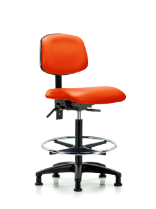 Blue Ridge Ergonomics VHBCH-RG-T0-A0-CF-RG-8613 Rutledge Vinyl Chair - High Bench Height with Chrome Foot Ring & Stationary Glides in Orange Kist Trailblazer™ Vinyl