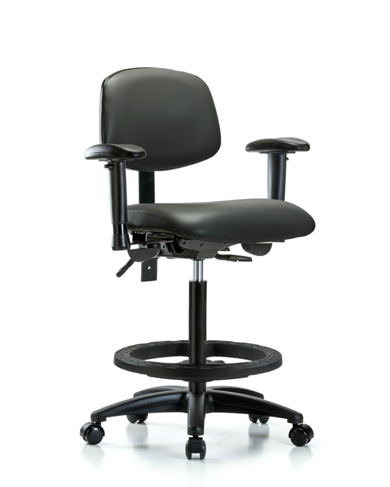 Blue Ridge Ergonomics VHBCH-RG-T0-A1-BF-RC-8823 Rutledge Vinyl Chair - High Bench Height with Adjustable Arms, Black Foot Ring, & Casters in Carbon Supernova™ Vinyl