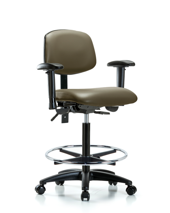 Blue Ridge Ergonomics VHBCH-RG-T0-A1-CF-RC-8809 Rutledge Vinyl Chair - High Bench Height with Adjustable Arms, Chrome Foot Ring, & Casters in Taupe Supernova™ Vinyl