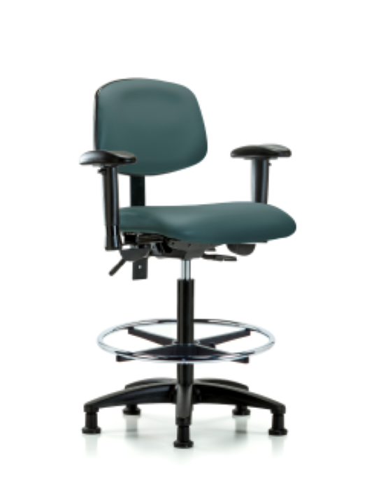 Blue Ridge Ergonomics VHBCH-RG-T0-A1-CF-RG-8546 Rutledge Vinyl Chair - High Bench Height with Adjustable Arms, Chrome Foot Ring, & Stationary Glides in Colonial Blue Trailblazer™ Vinyl