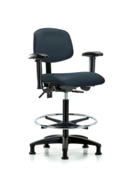 Blue Ridge Ergonomics VHBCH-RG-T0-A1-CF-RG-8582 Rutledge Vinyl Chair - High Bench Height with Adjustable Arms, Chrome Foot Ring, & Stationary Glides in Imperial Blue Trailblazer™ Vinyl
