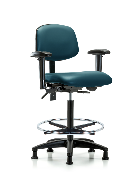 Blue Ridge Ergonomics VHBCH-RG-T0-A1-CF-RG-8801 Rutledge Vinyl Chair - High Bench Height with Adjustable Arms, Chrome Foot Ring, & Stationary Glides in Marine Blue Supernova™ Vinyl