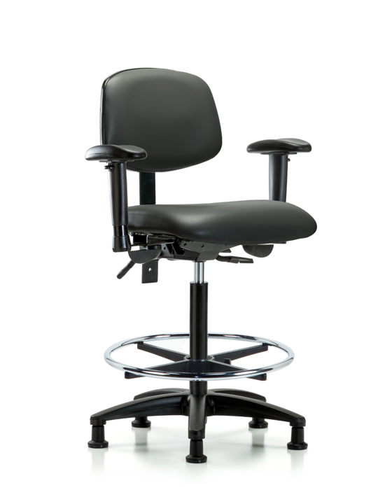 Blue Ridge Ergonomics VHBCH-RG-T0-A1-CF-RG-8823 Rutledge Vinyl Chair - High Bench Height with Adjustable Arms, Chrome Foot Ring, & Stationary Glides in Carbon Supernova™ Vinyl