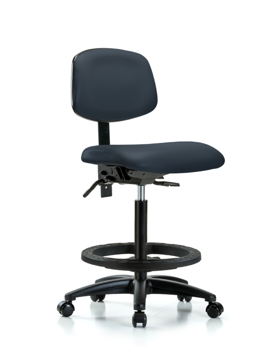 Blue Ridge Ergonomics VHBCH-RG-T1-A0-BF-RC-8582 Rutledge Vinyl Chair - High Bench Height with Seat Tilt, Black Foot Ring, & Casters in Imperial Blue Trailblazer™ Vinyl
