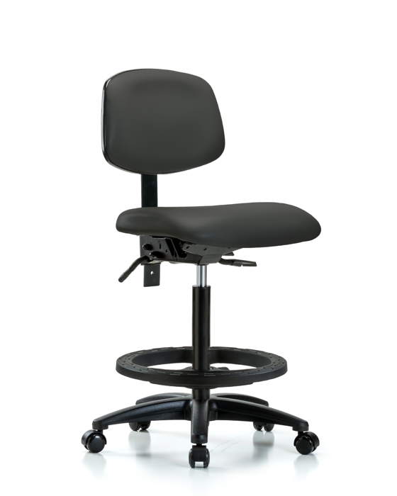 Blue Ridge Ergonomics VHBCH-RG-T1-A0-BF-RC-8605 Rutledge Vinyl Chair - High Bench Height with Seat Tilt, Black Foot Ring, & Casters in Charcoal Trailblazer™ Vinyl