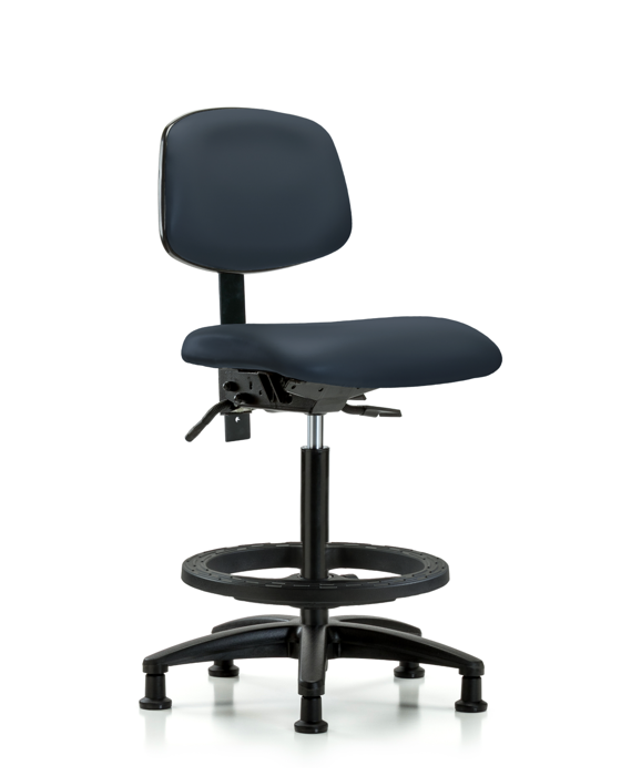 Blue Ridge Ergonomics VHBCH-RG-T1-A0-BF-RG-8582 Rutledge Vinyl Chair - High Bench Height with Seat Tilt, Black Foot Ring, & Stationary Glides in Imperial Blue Trailblazer™ Vinyl