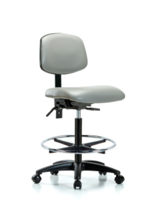 Blue Ridge Ergonomics VHBCH-RG-T1-A0-CF-RC-8567 Rutledge Vinyl Chair - High Bench Height with Seat Tilt, Chrome Foot Ring, & Casters in Dove Trailblazer™ Vinyl